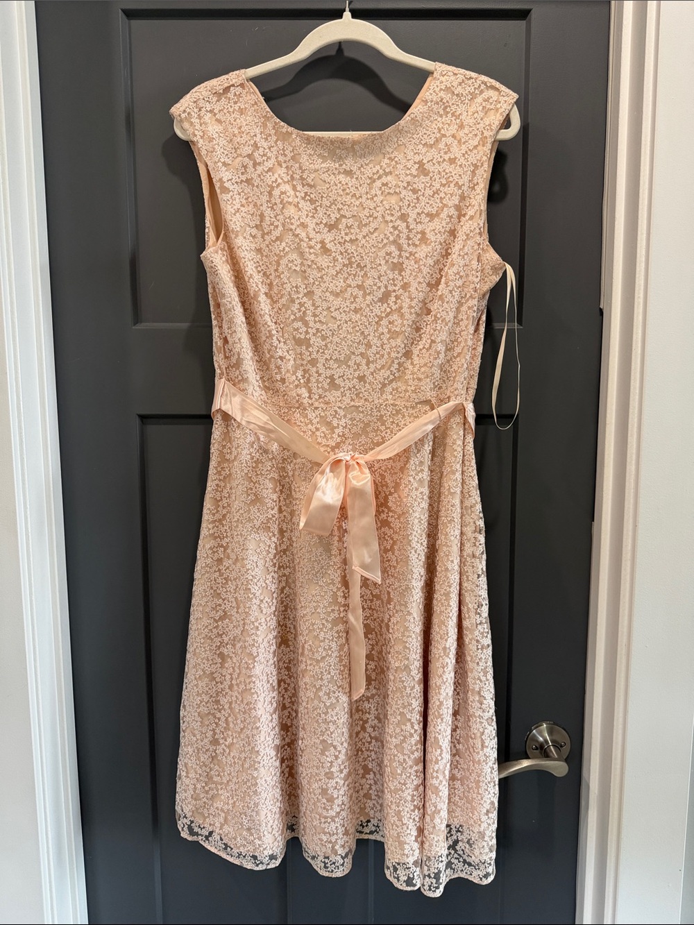 Sleeveless Blush Lace A-Line Dress with Satin Tie and Sparkle